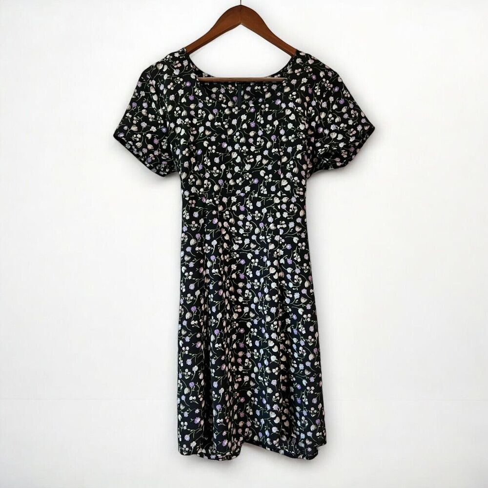 S. Roberts Vintage 90s Black Floral Purple Tie Back Dress Women’s Size 8